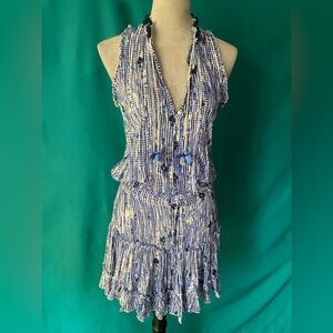 Poupette St. Barth CLARA Blue and White Patterned Halter Mini Dress with Tassels